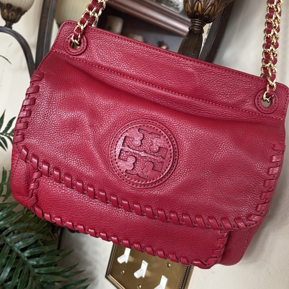 Tory Burch Genuine Leather Red Saddle Bag Gold Tone Chain Woven Shoulder Purse - Picture 5 of 16